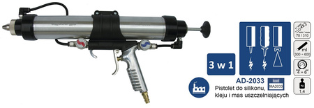 Pistolet do silikonu, kleju i mas uszczelniających 600ml 3w1 AD-2033