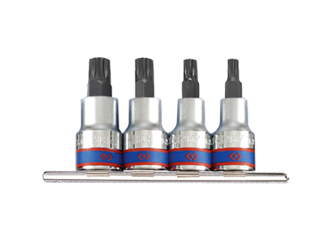 ZESTAW NASADEK  Z KOŃCÓWKĄ SPLINE 1/2''   4cz.  KRÓTKIE  M6 - M12,  CHROM,  SZYNA, BLISTER