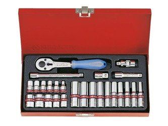 ZESTAW NASADEK 1/4'' 26cz. KRÓTKIE / DŁUGIE, 6-kąt. CALOWE 5/32 - 1/2'' Z AKCESORIAMI, CHROM, KASETA