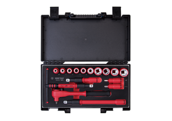 ZESTAW NASADEK IZOLOWANYCH 1/2" 16cz. KRÓTKIE,  6-kąt.  8 - 24mm, Z AKCESORIAMI, CHROM, KASETA Z TWORZYWA