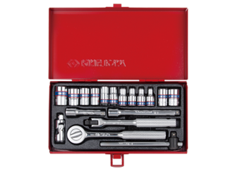 ZESTAW NASADEK 1/4''  18cz. KRÓTKIE,  6/8-kąt.  4 - 12mm  Z  AKCESORIAMI, CHROM, KASETA