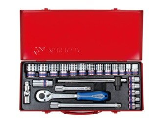 ZESTAW NASADEK 1/2'' 24cz. KRÓTKIE 12-kąt. 10 - 32mm Z AKCESORIAMI, CHROM, KASETA