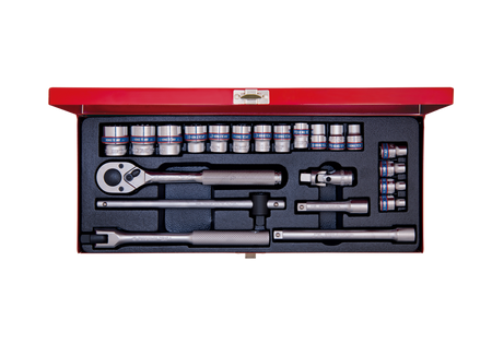 ZESTAW NASADEK 3/8''  23cz.  KRÓTKIE  6-kąt.  6 - 22mm  Z  AKCESORIAMI, CHROM, KASETA