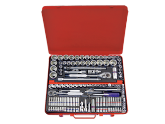 ZESTAW NASADEK 1/4'' + 3/8'' + 1/2'' 135cz. 4 -32mm + CALOWE 5/32 - 1.1/4'' 6/12-kąt. CHROM + AKCESORIA, BOX
