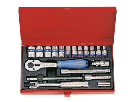 ZESTAW NASADEK 1/4''  19cz. KRÓTKIE,  12-kąt.  4 - 13mm  Z  AKCESORIAMI, CHROM, KASETA