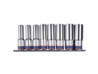 ZESTAW NASADEK  1/2''   8cz.  DŁUGIE  12-kąt.  12 - 23mm  CHROM,  ZESTAW NA SZYNIE