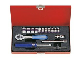 ZESTAW NASADEK 1/4''  16cz. KRÓTKIE  6-kąt. 4 - 13mm  Z  AKCESORIAMI, CHROM,  KASETA