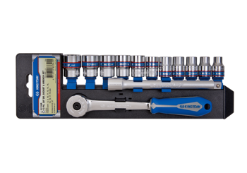 ZESTAW NASADEK 3/8" 13cz. KRÓTKIE 12-kąt. 8 - 19mm Z AKCESORIAMI, CHROM
