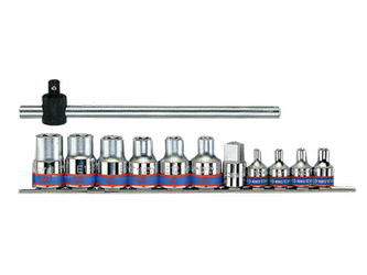 ZESTAW NASADEK 3/8''+1/2'' 12cz. E4-E20+POKRĘTŁO,CHROM,SZYNA, BLISTER