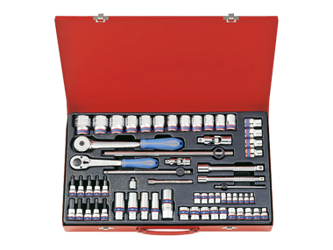 ZESTAW NASADEK 1/4'' + 3/8'' + 1/2''  62cz.  KRÓTKIE  12-kąt.  4 - 32mm  Z  AKCESORIAMI, CHROM, KASETA