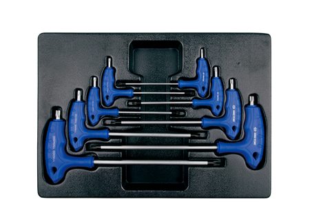 ZESTAW IMBUSÓW  Z  UCHWYTEM ''L''  8szt. TORX / TORX  Z  OTWOREM  T10 - T50, WKŁAD DO WÓZKA