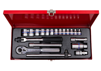 ZESTAW NASADEK 3/8''  20cz.  KRÓTKIE  6-kąt.  6 - 22mm  Z  AKCESORIAMI, CHROM, KASETA
