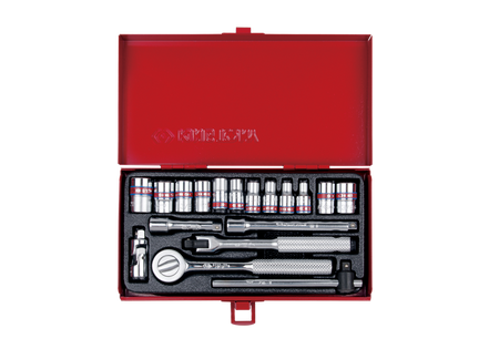 ZESTAW NASADEK 1/4''  18cz. KRÓTKIE,  6/8-kąt. CALOWE  5/32 - 1/2''  Z  AKCESORIAMI, CHROM, KASETA