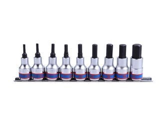ZESTAW NASADEK Z KOŃCÓWKĄ HEX 1/2'' 9 cz. KRÓTKIE 3 - 14mm CHROM, ZESTAW NA SZYNIE
