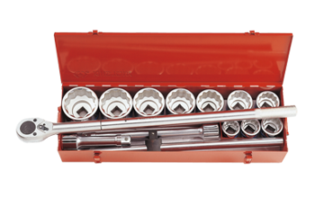 ZESTAW NASADEK 1'' 14cz.KRÓTKIE 12-kąt. CALOWE 1.7/16''- 3.1/8'' Z AKCESORIAMI,CHROM, KASETA