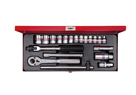 ZESTAW NASADEK 3/8''  20cz.  KRÓTKIE  12-kąt.  CALOWE  1/4 - 7/8''  Z  AKCESORIAMI, CHROM, KASETA