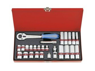 ZESTAW NASADEK 3/8'' 27cz. KRÓTKIE 12-kąt. CALOWE 1/4 - 3/4''/DŁUGIE 6-kąt.CALOWE 5/16-13/16'' Z AKCESORIAMI,CHROM