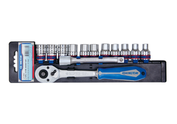 ZESTAW NASADEK 1/2'' 13cz. KRÓTKIE 6-kąt. 8 - 19mm Z AKCESORIAMI, CHROM, SZYNA, BLISTER