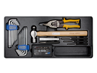 KPL. 54 CZ. MŁOTEK + NOŻYCE DO BLACHY + IMBUSY METRYCZNO/CALOWE + PUNKTAKI + PRZECINAK + WYBIJAK + BITY 1/4", WKŁAD DO SKRZYNKI