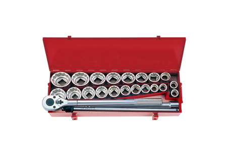 ZESTAW NASADEK 3/4'' 24cz.KRÓTKIE 12-kąt. 22 -50mm, CALOWE 1''-2'' Z AKCESORIAMI,CHROM,KASETA