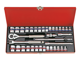 ZESTAW NASADEK 3/8'' 36cz. KRÓTKIE, 12-kąt. 6 - 22mm, CALOWE 1/4 - 13/16'' Z AKCESORIAMI, CHROM, KASETA