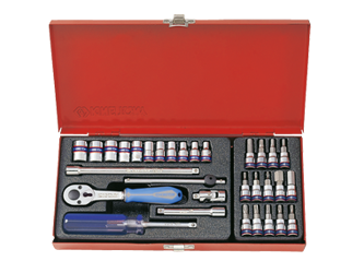 ZESTAW NASADEK 1/4''  31cz. KRÓTKIE,  12-kąt.  4 - 13mm, T8 -T30, HEX 3 - 10  Z  AKCESORIAMI, CHROM, KASETA