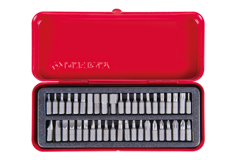 ZESTAW BITÓW 1/4'' 42cz. PŁASKIE 3 - 8mm, PH0 - PH3, PZ1 - PZ3, HEX  1,5 - 10mm,  TORX  T6 - T40, KWADRAT R0 - R3, KASETA