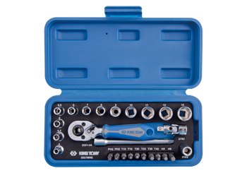 ZESTAW NARZĘDZI 1/4" 27cz. NASADKI KRÓTKIE, 6-kąt. 4 - 14mm Z GRZECHOTKĄ I AKCESORIAMI, KASETA