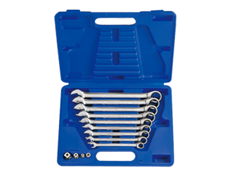 ZESTAW KLUCZY PŁASKO-OCZKOWYCH Z GRZECHOTKĄ JEDNOKIERUNKOWĄ 13cz. 8 - 19mm, Z AKCESORIAMI, W WALIZCE PLAST.