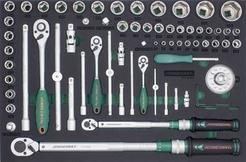 Kpl. nasadek 1/4" 3/8" 1/2" oraz kluczy dynamometrycznych 10-200Nm 65szt. narzędzi we wkładce EVA T27165SV