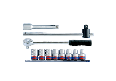 ZESTAW NASADEK  1/2''   11cz.  KRÓTKIE  6-kąt.  10 - 19mm  Z  AKCESORIAMI, CHROM, SZYNA,  BLISTER