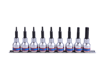ZESTAW NASADEK Z KOŃCÓWKĄ TORX 1/2'' 9 cz. DŁUGIE T20 - T60 CHROM, ZESTAW NA SZYNIE