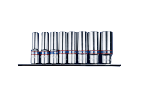 ZESTAW NASADEK  3/8''  8cz.  DŁUGIE   6-kąt  10 - 19mm,  CHROM, ZESTAW NA SZYNIE