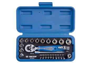 ZESTAW NARZĘDZI 1/4" 27cz. NASADKI KRÓTKIE, 12-kąt. 4 - 14mm Z GRZECHOTKĄ I AKCESORIAMI, KASETA