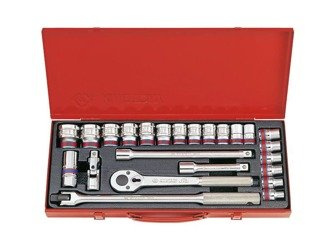 ZESTAW NASADEK 1/2'' 24cz. KRÓTKIE 6-kąt. CALOWE 5/16'' - 1.1/4'' Z AKCESORIAMI, CHROM, KASETA