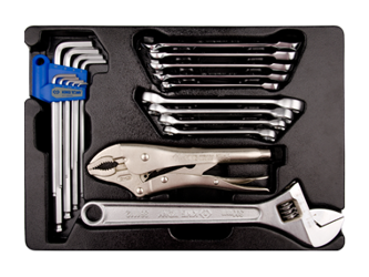 KPL. 20cz. - KLUCZE PŁASKO-OCZKOWE Z GRZECHOTKĄ JEDNOKIERUNKOWĄ  5cz. 8 - 14mm, IMBUSY 9 szt. 1120, WKŁAD DO WÓZKA