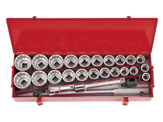 ZESTAW NASADEK 3/4'' 26cz. KRÓTKIE 12-kąt. 22-50mm, CALOWE 7/8' -2'' Z AKCESORIAMI,CHROM,KASETA