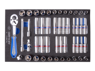 ZESTAW NASADEK 1/4" 48cz. KRÓTKIE/DŁUGIE, 6-kąt. 4 - 13mm, CALOWE  5/32"-1/2" Z AKCESORIAMI, CHROM, WKŁAD Z PIANKI DO WÓZKA