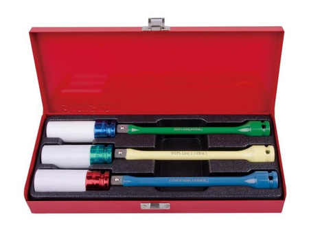 ZESTAW DŁUGICH NASADEK  UDAROWYCH  1/2'' DO FELG ALUMINIOWYCH 6cz. 6-kąt.  17, 19, 21mm + PRZEDŁUŻKI Z BLOKADĄ, KASETA