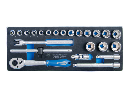 ZESTAW NASADEK 3/8'' 23cz. KRÓTKIE 6-kąt.6 - 24mm, Z AKCESORIAMI, CHROM, WKŁAD Z PIANKI, DO WÓZKA