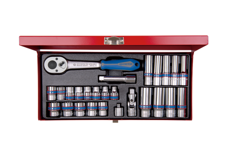 ZESTAW NASADEK 3/8''  27cz.  KRÓTKIE 12-kąt. 7 - 19mm / DŁUGIE  6-kąt. 8 - 19mm  Z  AKCESORIAMI, CHROM, KASETA