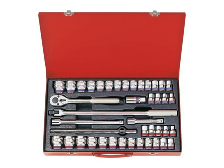 ZESTAW NASADEK  1/2''   42cz.  KRÓTKIE  12-kąt.  10 - 32mm,  CALOWE  5/16'' - 1.1/4''  Z  AKCESORIAMI, CHROM, KASETA