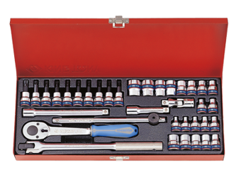 ZESTAW NASADEK 3/8'' 34cz. KRÓTKIE 6-kąt. 6 - 19mm, E4 - E18, T8 - T40 Z AKCESORIAMI, CHROM, KASETA