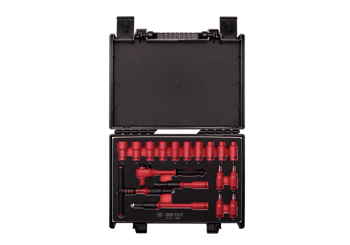 ZESTAW NASADEK IZOLOWANYCH 1/4" 18cz. KRÓTKIE,  6-kąt.  5 - 14mm, Z AKCESORIAMI, CHROM, KASETA Z TWORZYWA