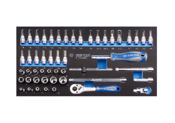 ZESTAW NASADEK 1/4" 50cz. KRÓTKIE, 6-kąt. 4 - 14mm Z AKCESORIAMI, CHROM, WKŁAD Z PIANKI, DO WÓZKA