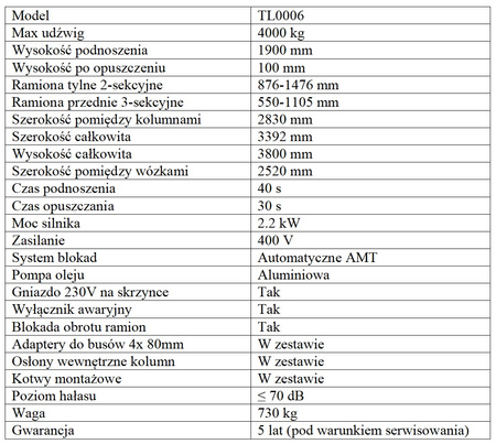 Podnośnik dwukolumnowy automat AMT z łączeniem górnym 4T TL0006-400V