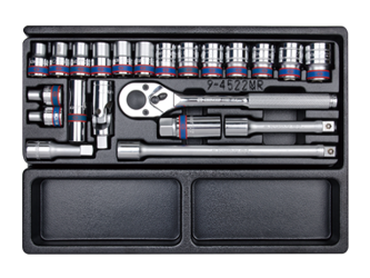 KPL. NASADEK 1/2'' 22cz. KRÓTKIE 6-kąt. 8 - 24mm Z AKCESORIAMI, CHROM, WKŁAD DO WÓZKA