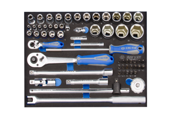 ZESTAW NASADEK 1/4" ORAZ 1/2" 60cz. KRÓTKIE 6-kąt. 4 - 32mm Z AKCESORIAMI, CHROM, WKŁAD Z PIANKI, DO WÓZKA