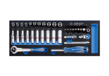 ZESTAW NASADEK 1/4" 44cz. KRÓTKIE / DŁUGIE, 6-kąt. 5/32" - 1/2" Z AKCESORIAMI, CHROM, WKŁAD Z PIANKI, DO WÓZKA