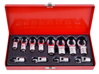 ZESTAW NASADEK PRZEGUBOWYCH DO PRZEWODÓW HAMULCOWYCH 3/8''  12 CZ. 8 - 19mm, CHROM, KASETA